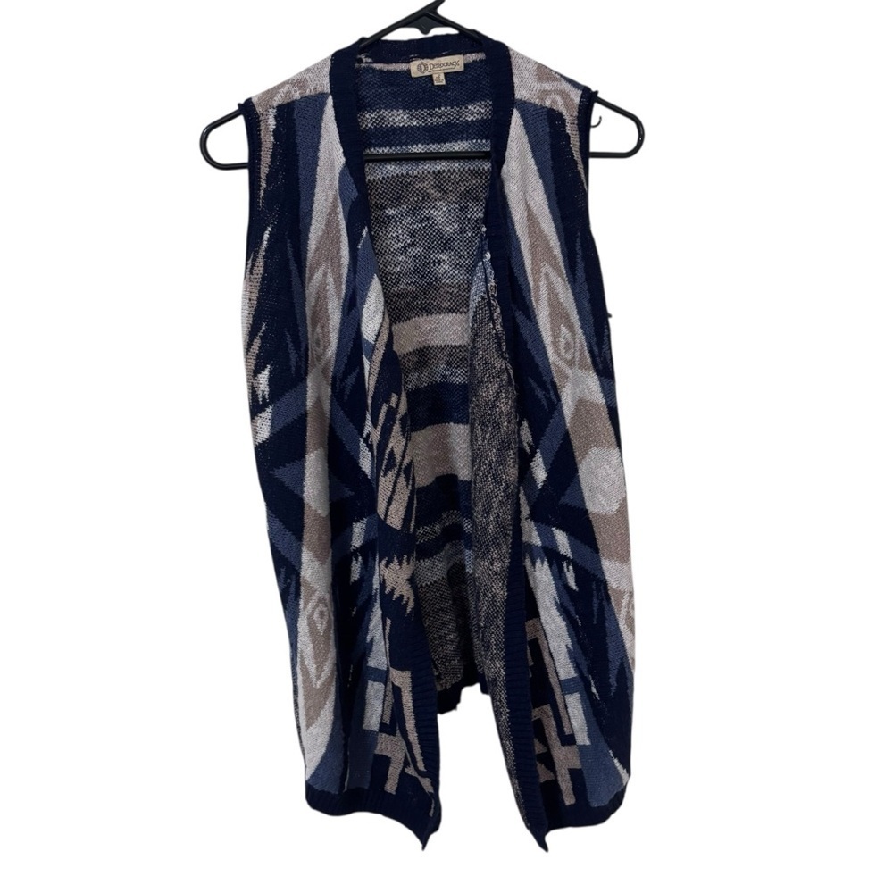 Democracy Navy and Beige Geometric aztec print sleeveless open cardigan size S